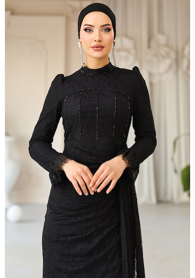 Olcay Beli Pelerin Detaylı Taş Süslemeli Dantel Tesettür Abiye Elbise Siyah 1252