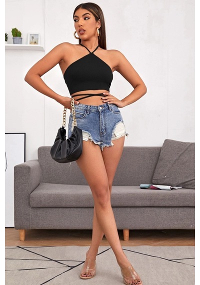 Alfa Aksesuar 03 Kadın Siyah Sırtı Açık Boyundan Çapraz Bağlamalı Crop Top Bluz