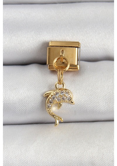 316l Çelik Sallantılı Zirkon Taşlı Yunus Balığı Model Gold Renk Nomination Charm Altın