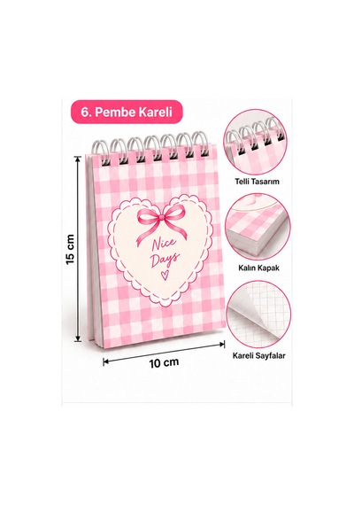 Pembe Kareli Kalp Modeli 15 10 Cm Spiralli Bloknot 40 Yaprak - 80 Sayfa