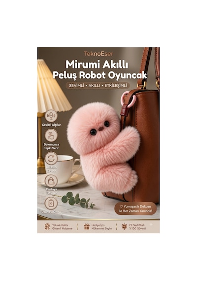 Pembe Mirumi Akıllı Peluş Robot Oyuncak - Ses Algılayan Dokunmaya Duyarlı Çantaya Tutunan İnteraktif Peluş