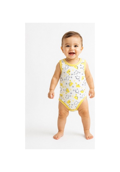 Rkek Bebek Dinozor Desenli Atlet Body Yazlık Pamuklu Çıtçıtlı Bebek Zıbını Sarı
