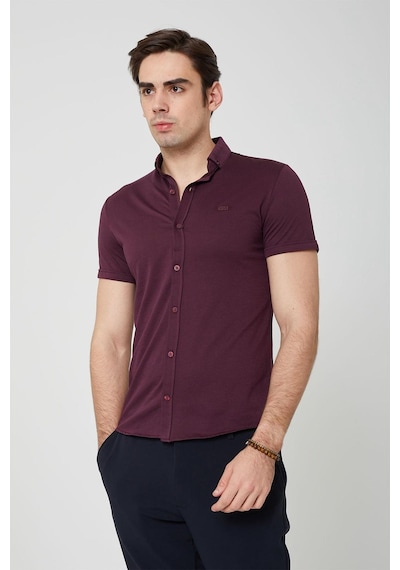 Coonless Erkek Kısa Kol Slim Fit Gömlek Bordo Beyaz