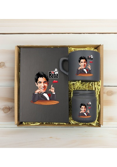Bk Gift Kişiye Özel Dtf The Baba Karikatürlü Antrasit Defter + Kahve Fincanı + Mum Seti 2