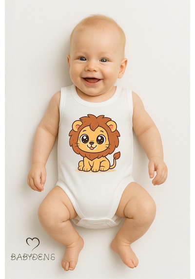 Babyden's %100 Pamuklu Hayvan Figürlü Kolsuz Çıtçıtlı Bebek Body Nefes Alabilir Unisex Zıbın Aslan Beyaz