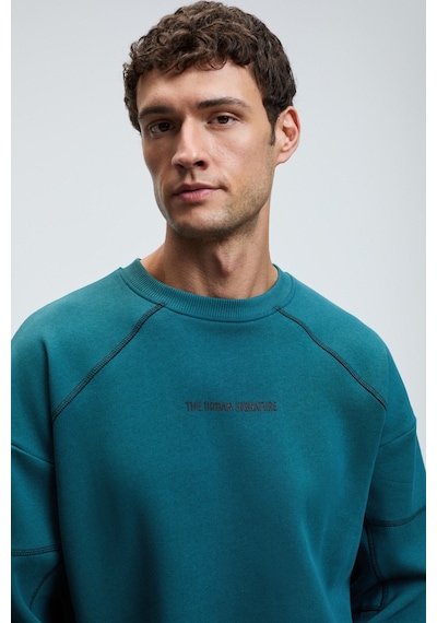 Grımelange HAL Erkek Yuvarlak Yaka Önünde Ve Kollarında Süs Dikiş Detaylı Baskılı Regular Fit Yeşil Sweatshirt