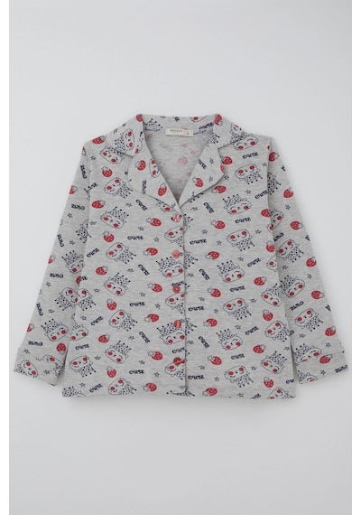 Breeze Kız Çocuk Pijama Takımı Kraliçe Kedicik & Çilek Desenli 7-11 Yaş, Açık Gri Melanj