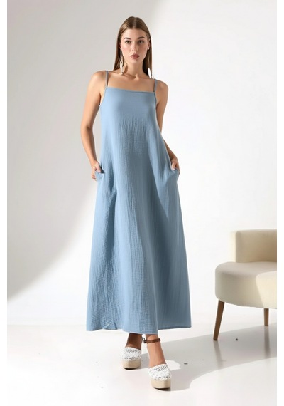Defymoda Kadın Her Ortama Uyum Sağlayan Müslin Elbise Mavi