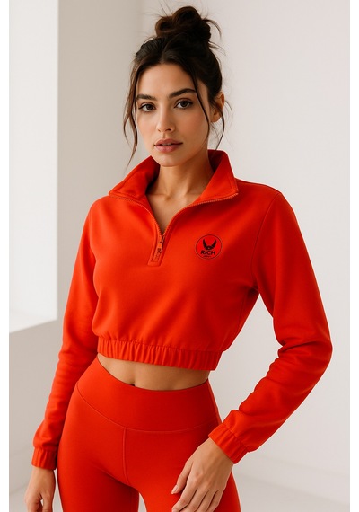 Kadın Açık Fuşya Yarım Fermuarlı Beli Lastikli Crop Sweatshirt Fuşya