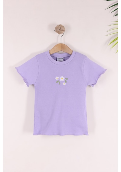Monox 5-12 Yaş Kız Çocuk 3'lü Nakışlı Fitilli Tshirt Likralı Esnek Yazlık Body Set Lila Mint Gül