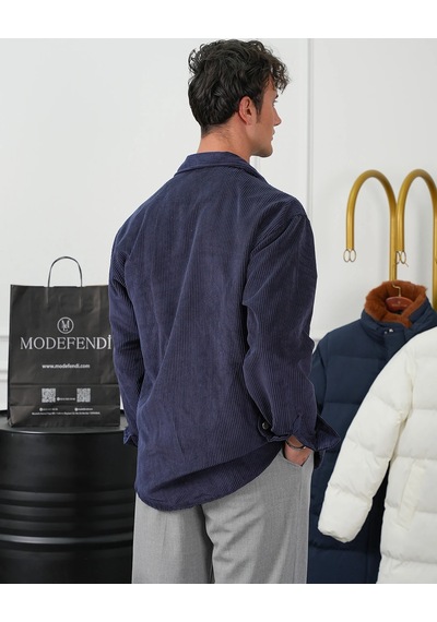 Modefendi Fitil Kadife Oversize Gömlek Lacivert