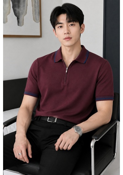 Tarz Cool Erkek Fermuar Yaka Triko Polo Tişört Slim Fit Pamuklu Yazlık Triko Bordo