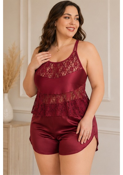 Loule Büyük Beden Bordo Dantel Etek Uçlu Şortlu Pijama Takımı