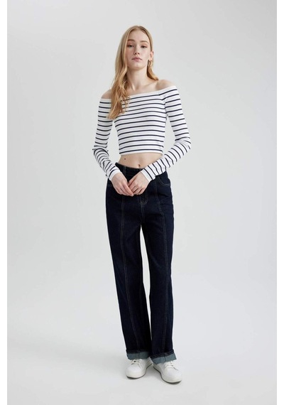 DeFacto Slim Fit Dar Kesim Çizgili Açık Omuz Triko Kazak B7573AX24SPNV31 Lacivert