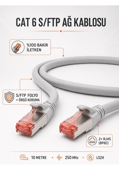 Dıgıtus Cat 6 S/ftp Rj45 Ethernet Kablosu 10 Metre 250 Mhz Lszh Gri 10 Metre