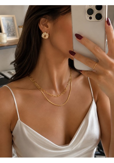 Gold Sedef Desenli Çelik Küpe Vintage Oval Tasarım Altın