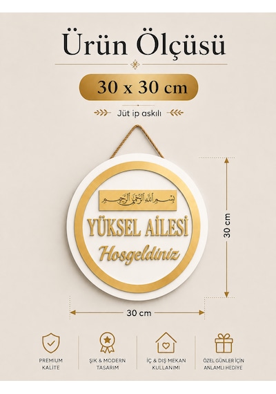 Besmele Tablo Kişiye Özel Gold Pleksi Ahşap Kapı Süsü Dış Kapı İsimliği Dekoratif Kapı Tabelası Beyaz