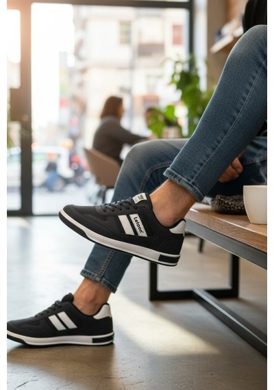 Enoch Erkek Fileli Günlük Spor Ayakkabı Şeritli Sneaker Klasik Kort Modeli Siyah