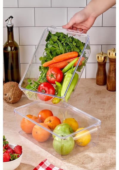 3 Lü Kapaklı Buzdolabı Organizeri & Buzdolabı Düzenleyici 4,5 Lt Şeffaf