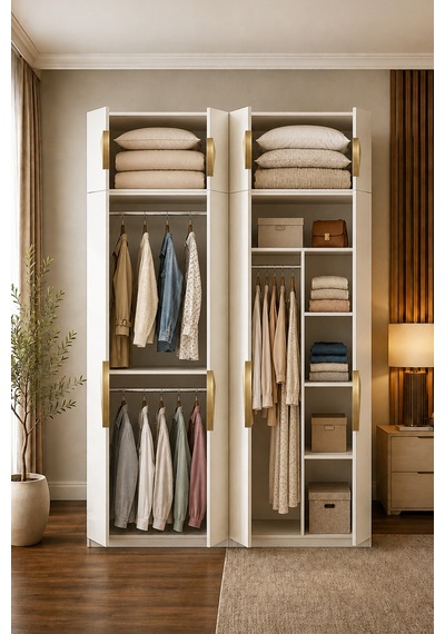 Gama 8 Kapaklı Askılı + Askılı Raflı + Ek Modüllü Tasarım Kulplu 253 Cm Gardırop Elbise Dolabı Beyaz