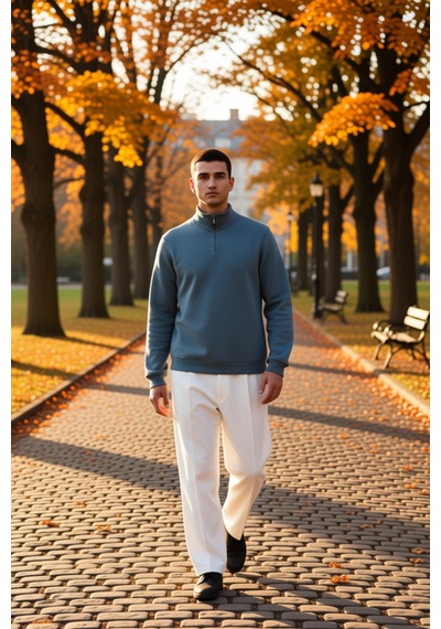 Benerly Erkek Dik Yaka Fermuarlı Standart Kol Regular Kalıp Sweatshirt Fo Mavi
