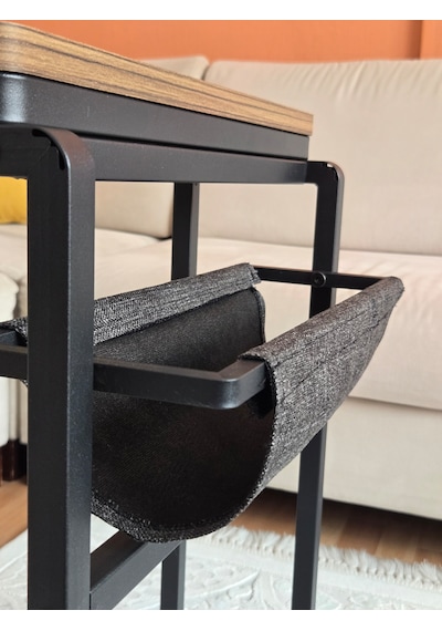 Dekoratif 2 Yönlü Metal Yan Ve Orta Sehpa Ahşap Raflı Koltuk Yanı Servis Sehpası Ve Orta Sehpa Siyah