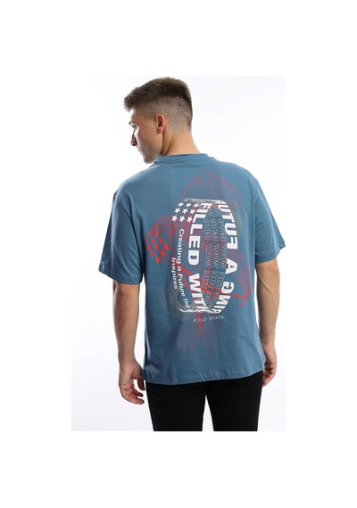 Erkek Oversize Fit Ön Arka Baskılı Basic Tişört İndigo