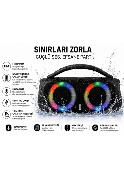 Booms Box3 Rbg Hoparlör Süper Bass Bluetooth Fm Radyo Udb Aux Tf Kart Desteği Renkli Led Işıklı 2 Hoparlörlü 5.3 Bluetooth Su Dayanıklı Taşınabilir