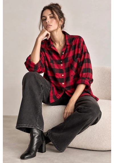 Bb Butik Basic Kadın Ekose Gömlek Oversize Oduncu Gömlek Uzun Kollu Cepli Günlük Tr0935 Kırmızı