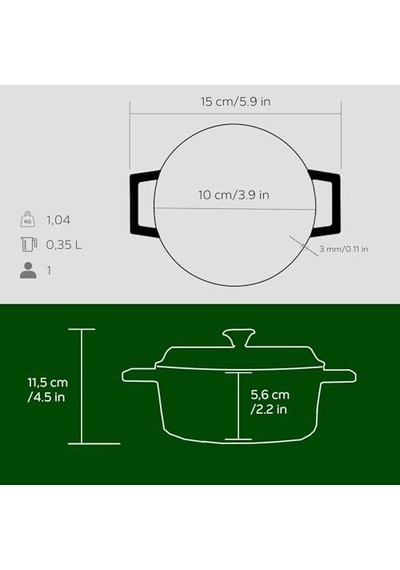 Metal Döküm Mini Tencere, 10 Cm, 0.35 L Hacim, Yeşil 12v
