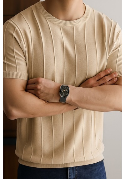 Cool Tarz Mat Bej Erkek Yuvarlak Yaka Örme T-shirt Mat Bej Mat Bej