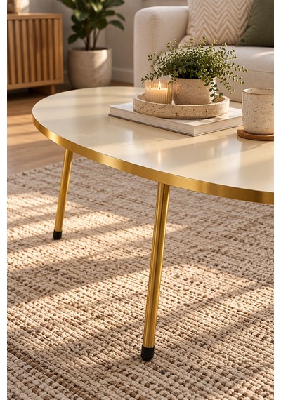 Sulorahome Gold Metal Oval Orta Sehpa Krem