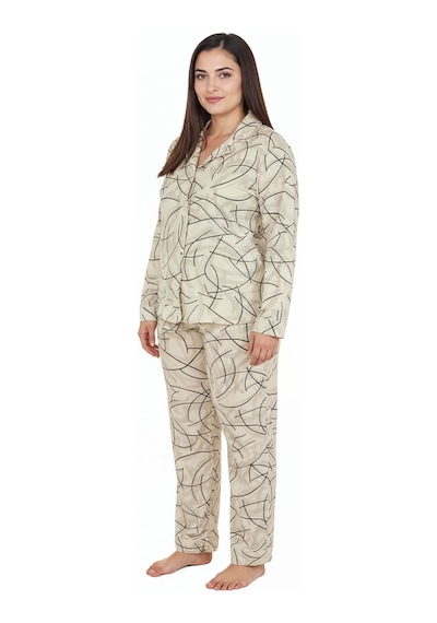 Bravie Luxury Soft Ekru Çizgi Desenli Uzun Kollu Kadın Pijama Takımı Büyük Beden 3015 Ekru