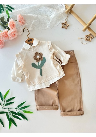 Miniğimin Cicileri Çiçek Motifli Triko Süveterli Pantolonlu Kız Çocuk 3 Lü Kombin - Kahve Acı Kahverengi Miniğimin Cicileri Çiçek Motifli Triko Süveterli Pantolonlu Kız Çocuk 3 Lü Kombin - Kahve Acı Kahverengi
