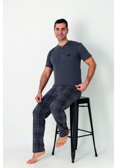 Estiva Erkek Kareli Alt Desenli Füme Kısa Kollu Patlı Penye Pijama Takımı Çok renkli