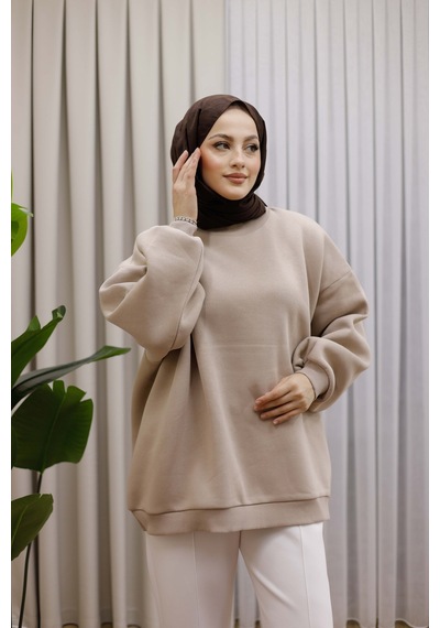 Moonsc Oversize Sweat 3 İplik Şardonlu Bej