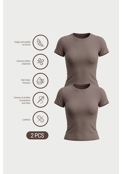 Auw Kadın Bisiklet Yaka Pamuklu Modal T-shirt 2'li - Softfit Vizon - Vizon