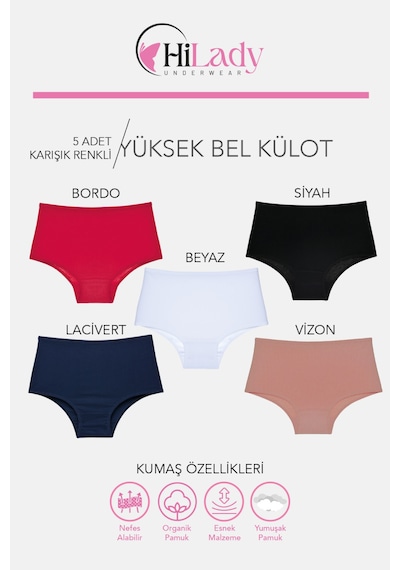 Kadın Külot, Çok Renkli Yüksek Bel Külot, Pamuklu Yumuşak Kumaş, Çoklu Paket, Karışık Renkli Lacivert, Bordo, Vizon