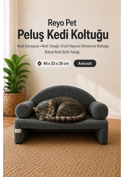 Reyo Pet Peluş Kedi Koltuğu, Kedi Kanepesi, Kedi Yatağı, Evcil Hayvan Dinlenme Koltuğu, Rahat Kedi Sofa Yatağı, 45x33x25 Cm Adaçayı Gri