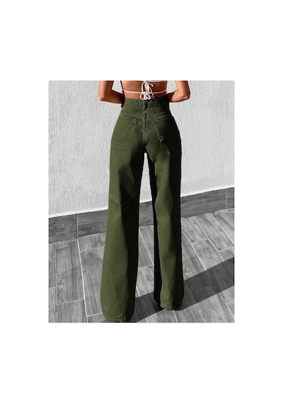 Kene Jeans Yüksek Bel Haki Keten Bol Paça Tam Kalıp Pantolon Haki