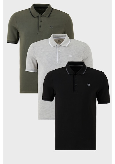 Buratti Pamuklu Slim Fit Şerit Detaylı Düğmeli Polo Yaka 3'Lü Paket Erkek T Shirt 5902118S3 Siyah-Haki-Gri Melanj