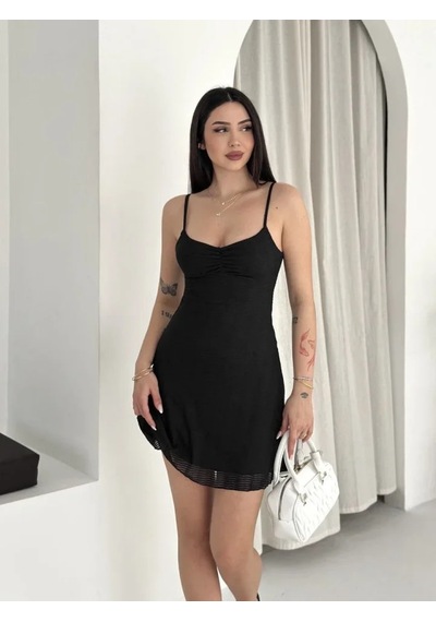 Efnaz Style Askılı Mini Elbise Drapeli Göğüs Detay Likralı Yazlık Fit - Siyah