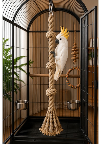 Büyük Irk Papağan Tırmanma Halatı 90 Cm Çap 30 Mm %100 Doğal Kafes Oyuncağı Stres İpi Jüt Halat Macaw Kakadu Jako Amazon Eklektus
