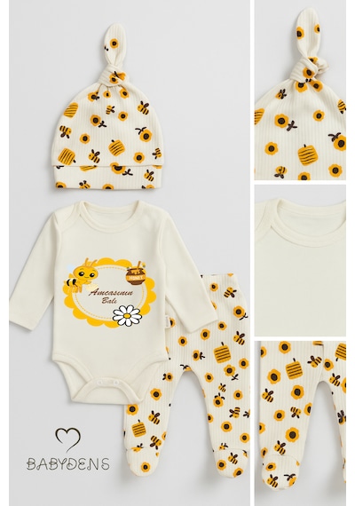 Babyden's Amcasının Balı Baskılı Yenidoğan Bebek Takımı 3 Lü Set Pamuklu Zıbın, Patikli Alt Ve Şapka Unisex Ekru