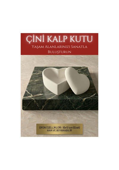 Çini Çok Amaçlı Kalp Kutu 10x10 Cm Ham Bisküvi