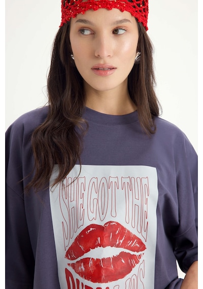 Mai Studios Co. Lip Print Oversize Füme T-shirt Füme