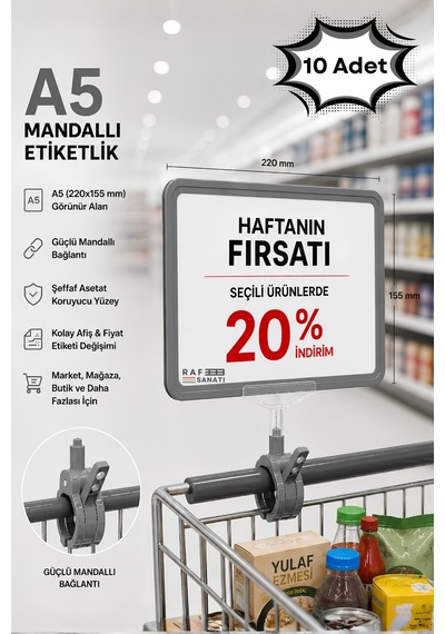 10 Adet - A5 Mandallı Etiketlik Fiyatlık Sepet Raf Askılık Fiyat Etiketi Çerçeveli Market Mağaza Gri