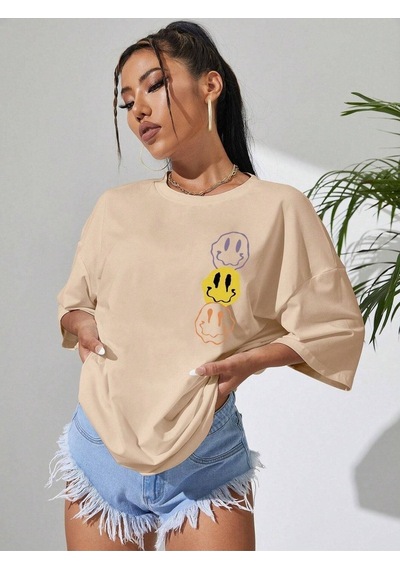 Emoji T-shirt - Bej Baskılı Oversize Bisiklet Yaka Kısa Kol Bej