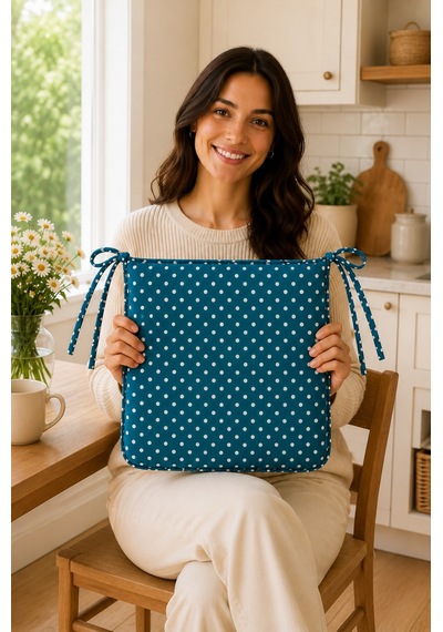 Comfort 2 Adet Sandalye Minderi Bağcıklı Özel Dikişli Süngerli Pamuklu Kumaş Sandalye Minderi Puanlı Çağla
