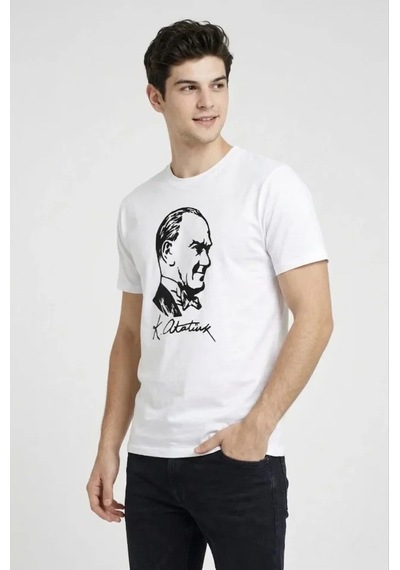 Efnaz Style Erkek Atatürk Baskılı Tişört Kısa Kollu Bisiklet Yaka T-shirt - Beyaz